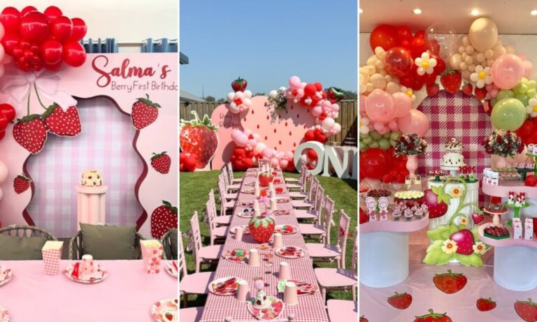 22 Strawberry Birthday Party Theme with creative decorations dessert tables and balloon setups